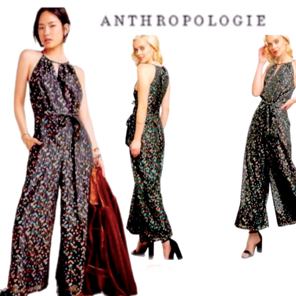 Anthropologie Jumpsuit Keyhole Vibrant Tinsel Metallic Chiffon Romper Wide Leg 2